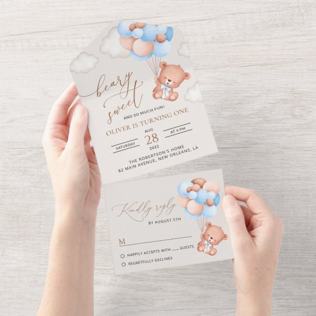 Invitación Todo En Uno Oso bebé, globos azules, primer cumpleaños (desgarro)