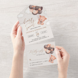 Invitación Todo En Uno Oso Bebé, Globos Marrones, Primer Cumpleaños
