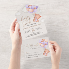 Invitación Todo En Uno Oso Bebé, Globos Púrpura, Primer Cumpleaños