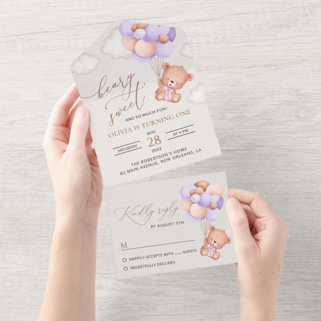 Invitación Todo En Uno Oso Bebé, Globos Púrpura, Primer Cumpleaños (desgarro)