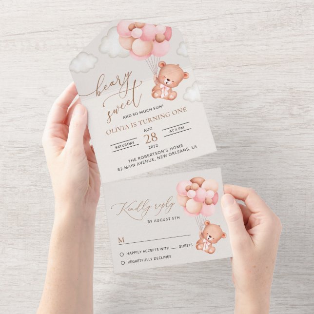 Invitación Todo En Uno Oso bebé, globos rosados, primer cumpleaños (desgarro)