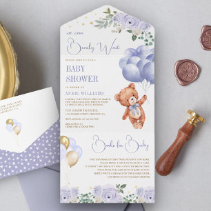 Invitación Todo En Uno Oso de peluche boho globos morados floral baby sho