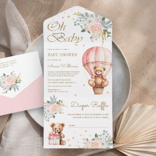 Invitación Todo En Uno Oso de peluche de globo aerostático floral rosa Ba