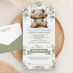 Invitación Todo En Uno Oso de peluche en un Baby Shower de eucalipto de r