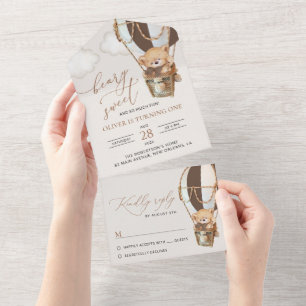 Invitación Todo En Uno Oso de peluche, globo de aire caliente marrón, pri