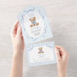 Invitación Todo En Uno Oso de peluche, lazo azul, rayas azules, primer cu