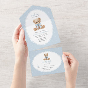 Invitación Todo En Uno Oso de peluche, lazo, lunares azules, primer cumpl