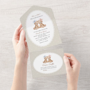 Invitación Todo En Uno Oso de peluche, lazo, lunares beige, revelación de