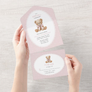Invitación Todo En Uno Oso de peluche, lazo, lunares rosados, primer cump