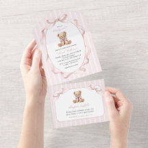 Oso de peluche, lazo rosa, rayas rosas, fiesta de