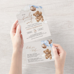 Invitación Todo En Uno Oso de peluche, Oso de bebé, Globos azules, Baby S