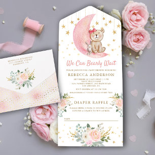 Invitación Todo En Uno Oso De Peluche Rosa Podemos Esperar con Ansias Bab