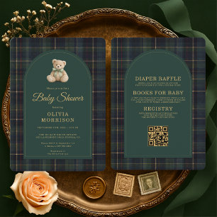 Invitación Todo en Uno Oso de Peluche Tartán Verde Baby Showe
