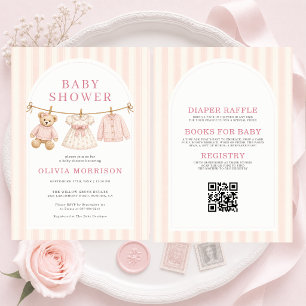 Invitación Todo en Uno Oso Elegante Rosa Baby Shower Niña