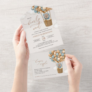 Invitación Todo En Uno Oso, globos azules, globo de aire caliente, Baby S