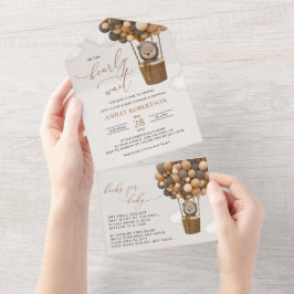 Invitación Todo En Uno Oso, globos pardos, globo de aire caliente, Baby S