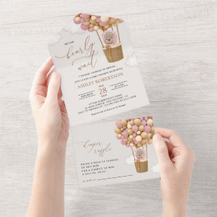 Invitación Todo En Uno Oso, globos rosados, globo de aire caliente, Baby
