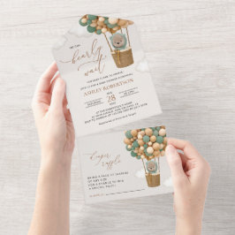 Invitación Todo En Uno Oso, globos verdes, globo de aire caliente, Baby S
