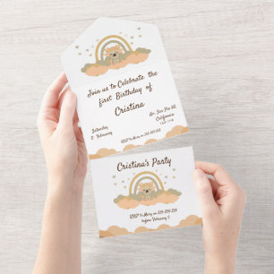 Invitación Todo En Uno oso koala arcoíris nube mágica