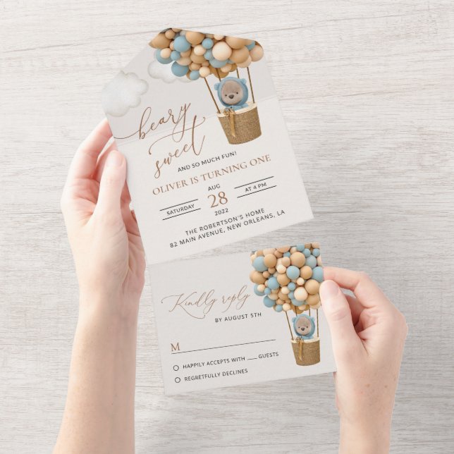 Invitación Todo En Uno Oso lindo, globos azules, primer cumpleaños (desgarro)