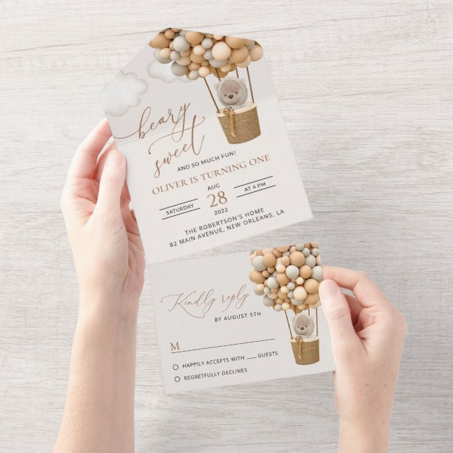 Invitación Todo En Uno Oso lindo, globos beige, primer cumpleaños (desgarro)