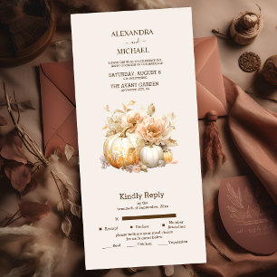 Invitación Todo En Uno Otoño Blanco Dorado Purpurina Calabaza Boda