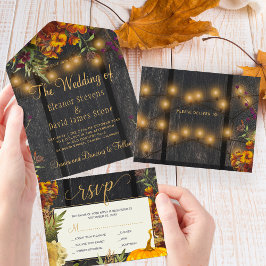 Invitación Todo En Uno Otoño boda de calabaza de leña floral rústico de o
