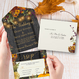 Invitación Todo En Uno Otoño boda de calabaza de leña floral rústico de o