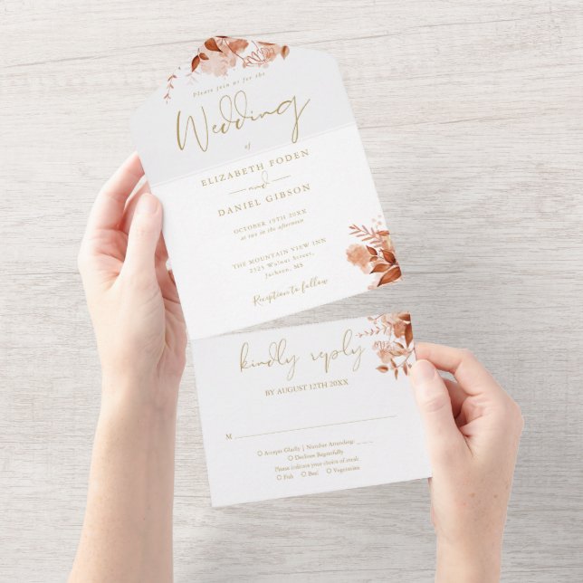 Invitación Todo En Uno Otoño Boda de Oro Floral Elegante (desgarro)