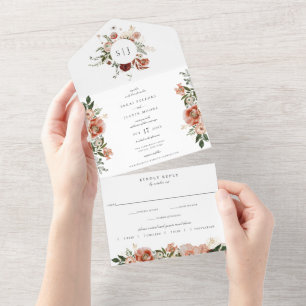 Invitación Todo En Uno Otoño Botánico Floral Marsala Borgoña Boda