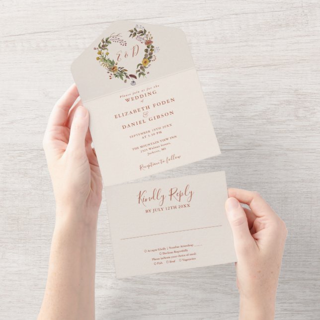 Invitación Todo En Uno Otoño Caída Rústica Floral Heart Boda (desgarro)