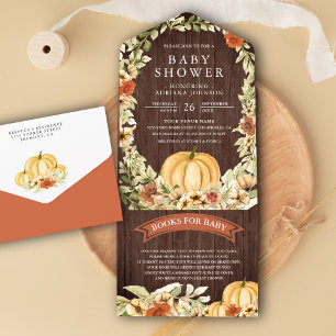 Invitación Todo En Uno Otoño Floral Terroso Madera Calabaza Baby Shower