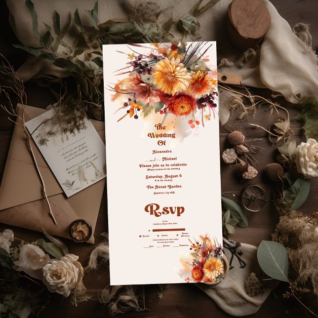 Invitación Todo En Uno Otoño Naranja Quemado Hierba Pampas Acuarela Boda (Subido por el creador)
