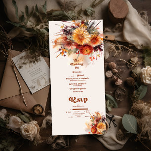 Invitación Todo En Uno Otoño Naranja Quemado Pampas de Hierba Acuarela Bo