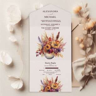 Invitación Todo En Uno Otoño Naranja Quemado Pampas Grass Bodas Acuarela