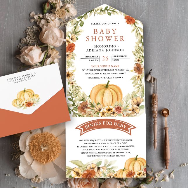 Invitación Todo En Uno Otoño Otoño Earthy Floral Pumpkin Baby Shower (Subido por el creador)