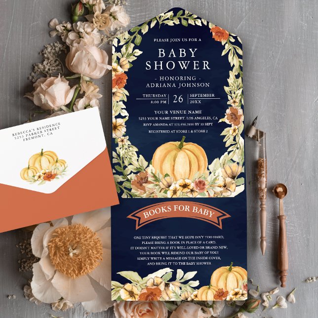 Invitación Todo En Uno Otoño Otoño Earthy Floral Pumpkin Naval Baby Showe (Subido por el creador)
