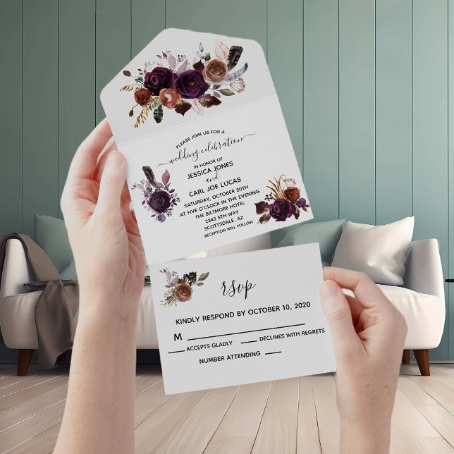 Invitación Todo En Uno Otoño Plum Purple Boho Elegante acuarela (Subido por el creador)