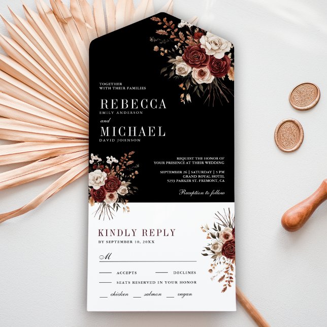 Invitación Todo En Uno Otoño Rustic Burgundy Floral Black Boda (Subido por el creador)
