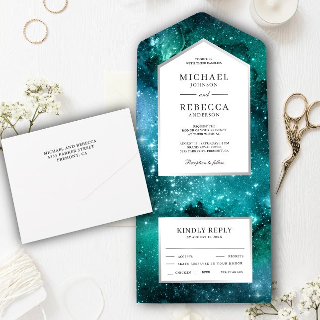 Invitación Todo En Uno Outer Space Starry Universe Teal Galaxy Wedding (Subido por el creador)