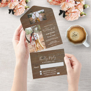 Invitación Todo En Uno País de la foto de madera rústica Boda