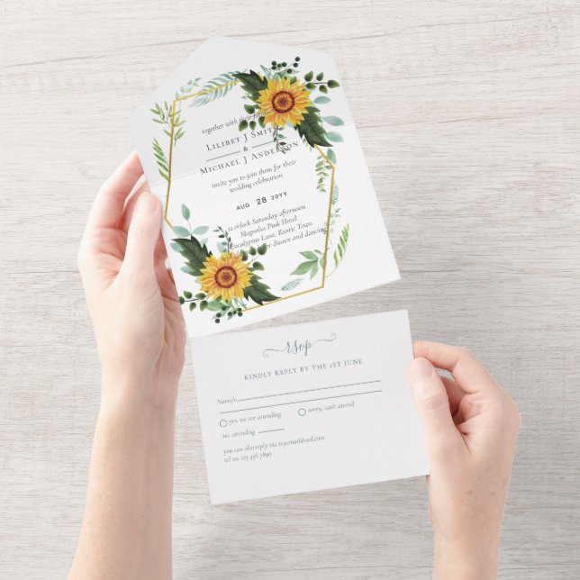 Invitación Todo En Uno País Rústico Girasoles verde presupuesto Boda (desgarro)