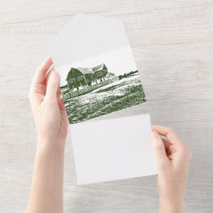 Invitación Todo En Uno Paisaje campestre estilo madera casa de campo