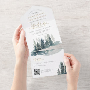 Invitación Todo En Uno Paisaje de invierno forestal Código QR Boda de bos