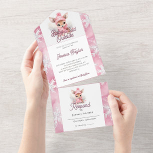 Invitación Todo En Uno Paisaje Invernal Niña Ciervo Rosa Blanco Copos de 