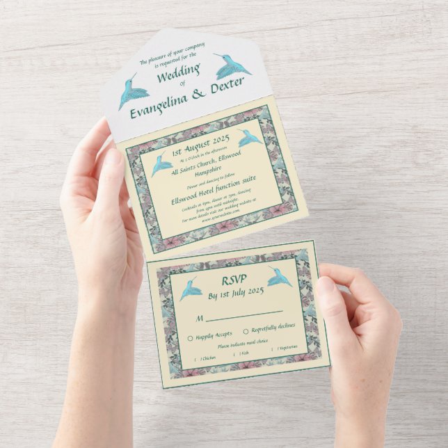 Invitación Todo En Uno Pájaro zumbador e Hibiscus (desgarro)