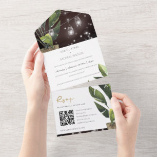 Invitación Todo En Uno Palm Leafy String Luces Boda Código QR