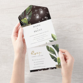 Invitación Todo En Uno Palm Leafy Tropical Foliage String Lights Boda
