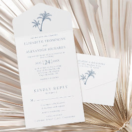Invitación Todo En Uno Palm Tree Beach Tropical Boda Azul Polvoriento