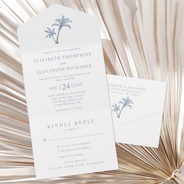 Invitación Todo En Uno Palm Tree Beach Tropical Boda Azul Polvoriento (Subido por el creador)